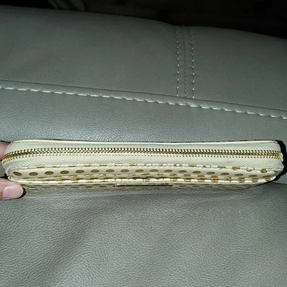 ANNE KLEIN Zip Around Wallet Cream & Gold Patent Polka Dot - Picture 9 of 11